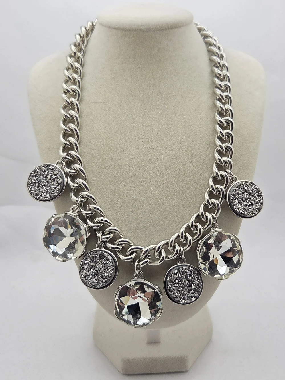 Chico's Silver Tone Chunky Chain Statement Necklace Faux Druzy Crystal 20